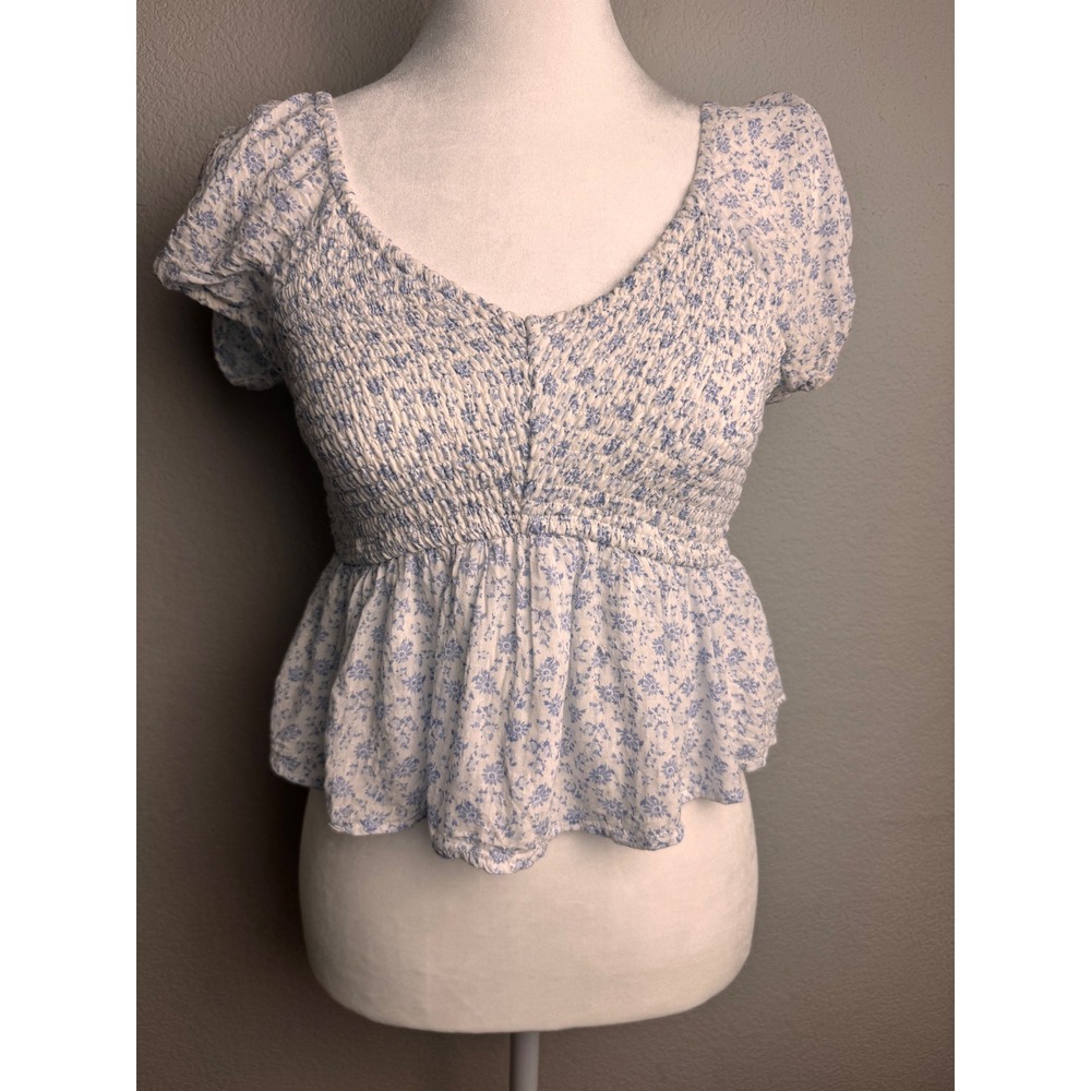 Hollister Blue Floral Smocked Peplum Top Short Puff Sleeve‎ Small White Boho
